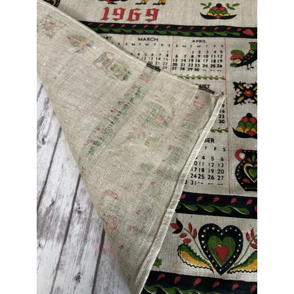 1969 Vintage MCM Linen Calendar Tea Towel Wall Hanging Dutch Folk Art